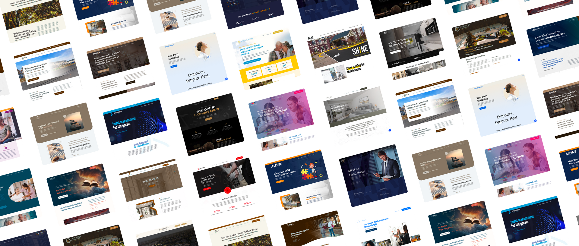 A mosaic of websites delivered by Sitekick across many industries